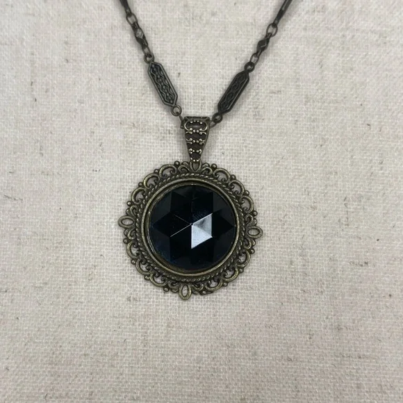 Antique Brass Necklace with Black Stone. design by Grace. - Picture 3 of 5
